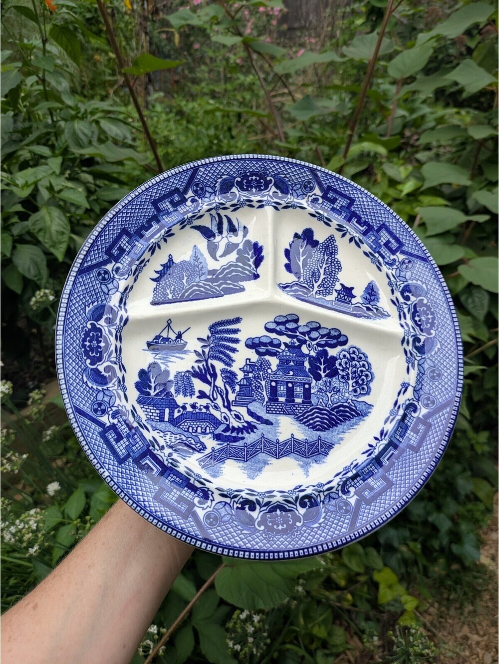 Vintage Blue & White Divided Plate, Made in Japan, Temples & Birds Pattern, 10"